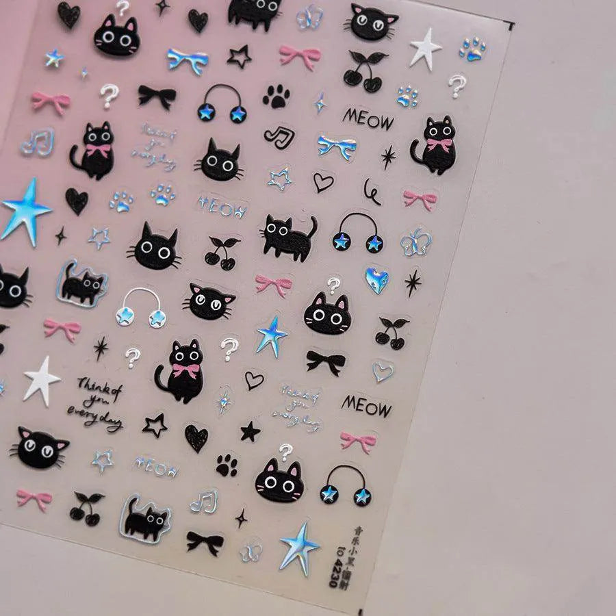 Graffiti Kitten Nail Art Stickers Adhesive Embossed Cartoon Cat Sticker Decals to4230 laser