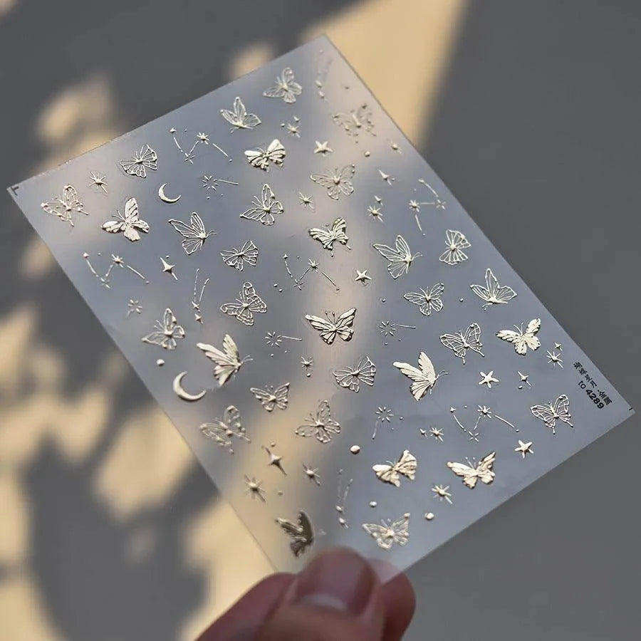 Metal Gold Butterfly Nail Art Stickers Star Moon Design Adhesive Embossed Sticker Decals to4289