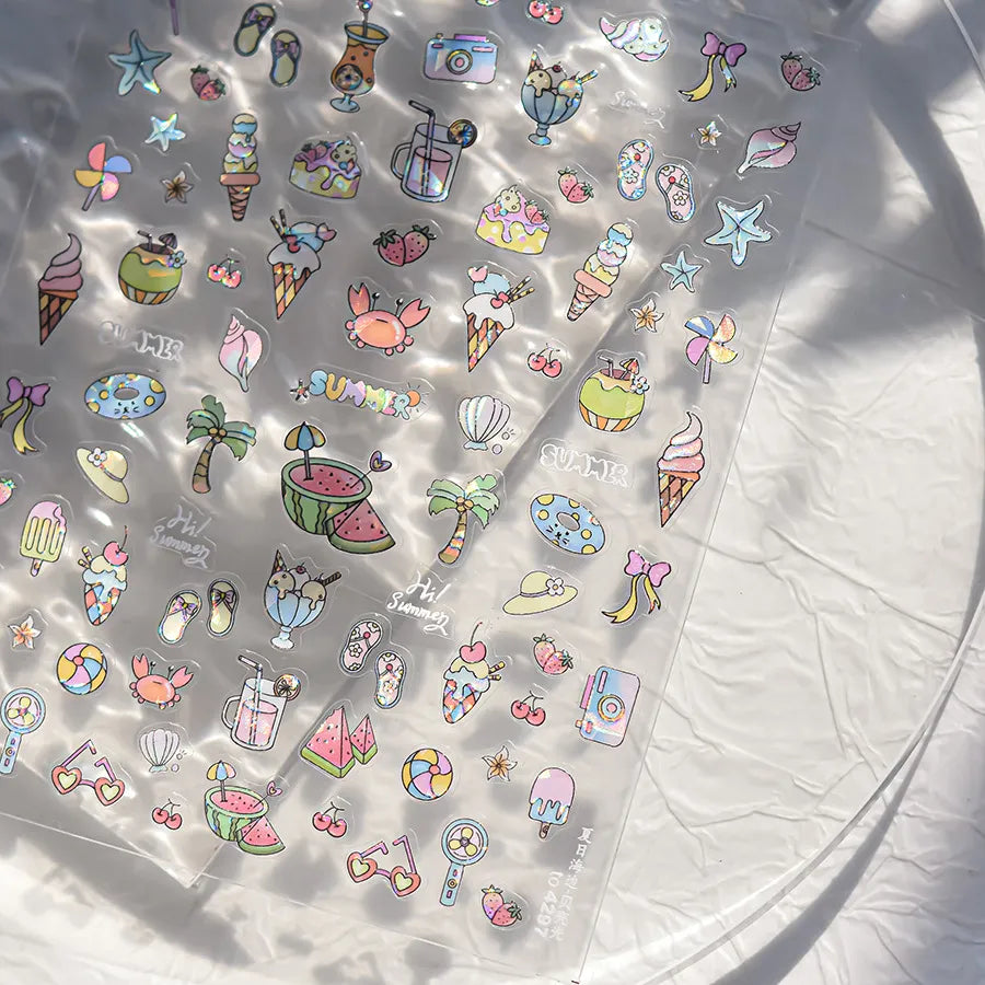 Cute 3D Summer Nail Stickers – Beach Vibes with Ice Cream, Fruits & Vacation Icons