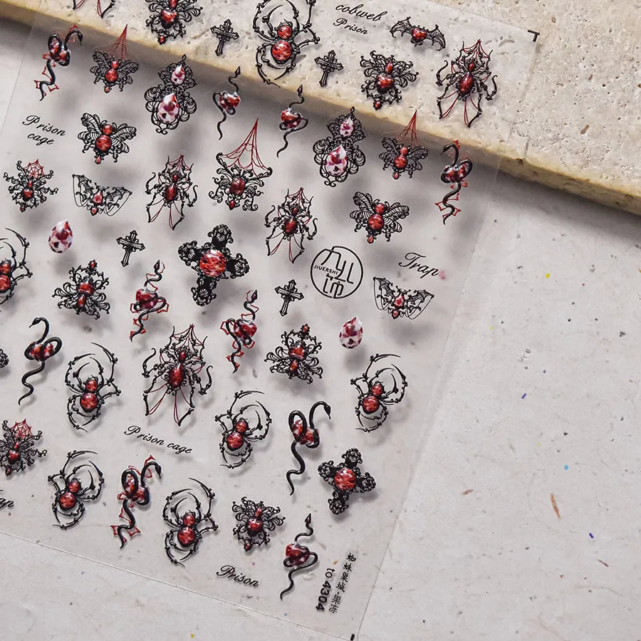 5D Gothic Nail Stickers | 3D Spider, Snake & Cross Decals for Halloween Nail Art 4304