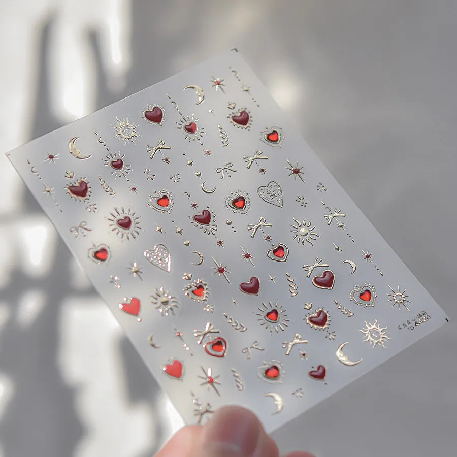 Gothic Sacred Heart 5D Nail Stickers | Celestial Sun & Moon Metallic Nail Art