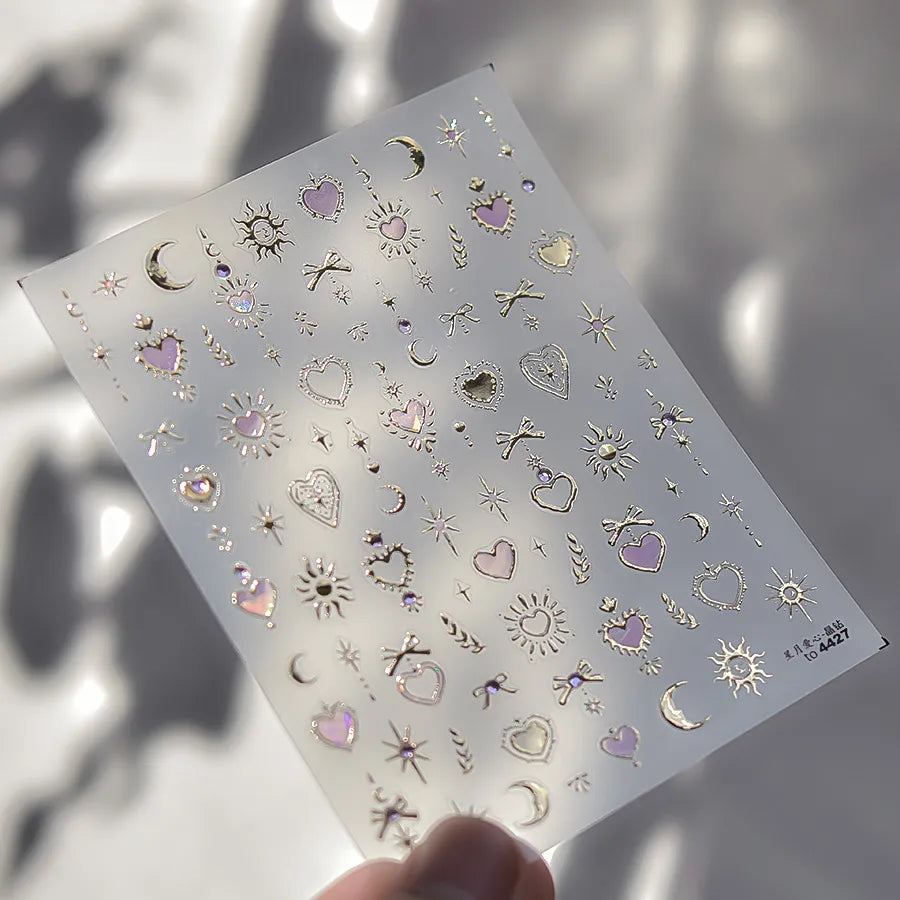 Gothic Sacred Heart 5D Nail Stickers | Celestial Sun & Moon Metallic Nail Art