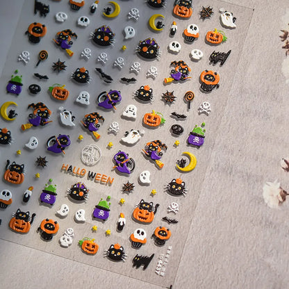 Spooky Cute Halloween Black Cat Nail Art Stickers | Witch & Ghost Nail Decals