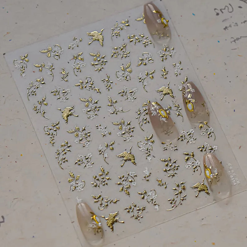 Gold Foil 5D Floral Nail Stickers - Embossed Dried Flower & Botanical Decals 