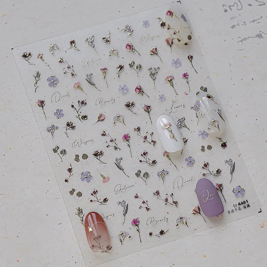 Gold Foil 5D Floral Nail Stickers - Embossed Dried Flower & Botanical Decals 