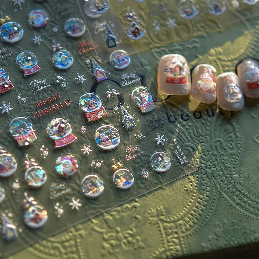 Christmas Crystal Balls Nail Art Stickers Xmas Snowflake Adhesive Embossed Sticker Decals to4505