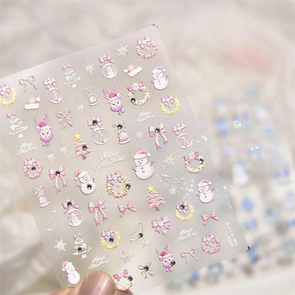 Pink Blue Snowflake Nail Art Stickers Adhesive Embossed Snowman Sticker Decals to4549