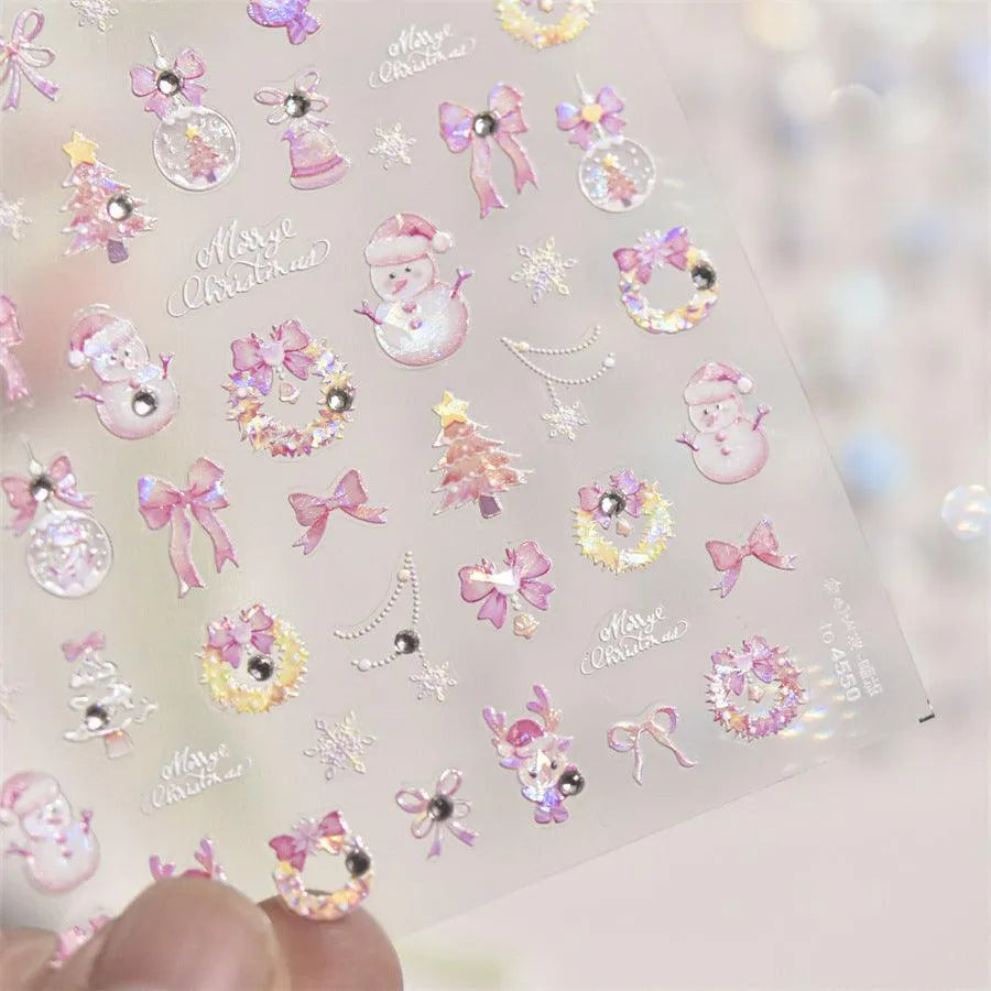 Pink Blue Snowflake Nail Art Stickers Adhesive Embossed Snowman Sticker Decals to4550