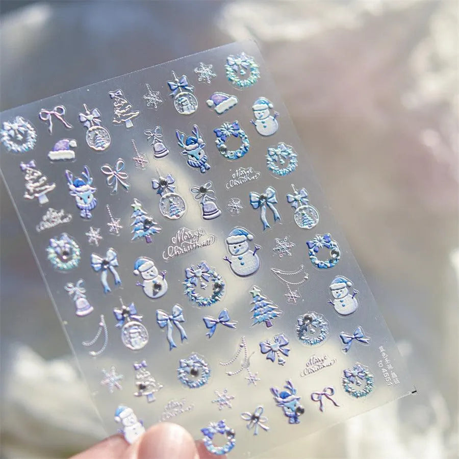 Pink Blue Snowflake Nail Art Stickers Adhesive Embossed Snowman Sticker Decals to4551