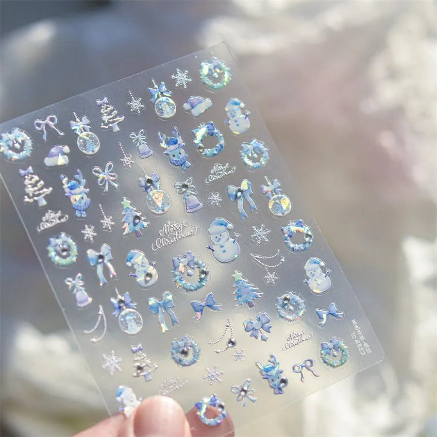 Pink Blue Snowflake Nail Art Stickers Adhesive Embossed Snowman Sticker Decals to4552