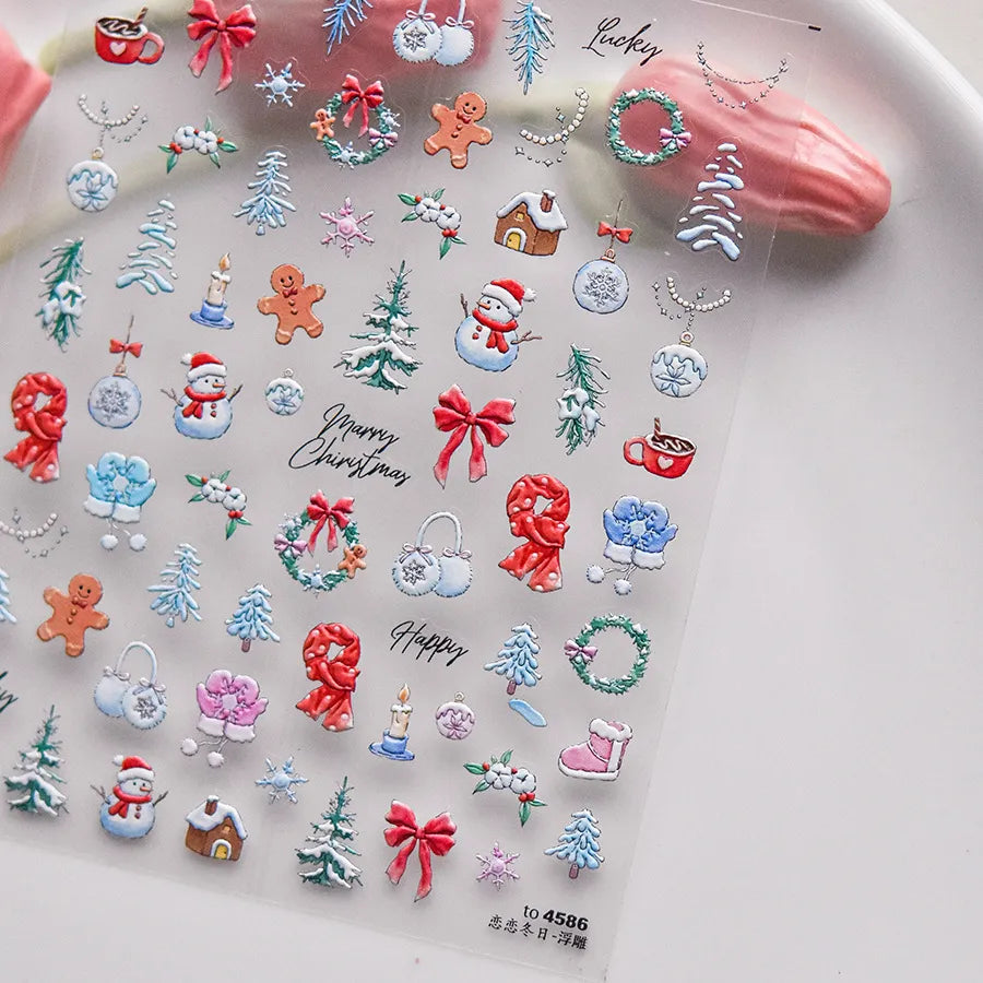Winter Nail Art Stickers Adhesive Embossed Snowflake Tree Sticker Decals to4586