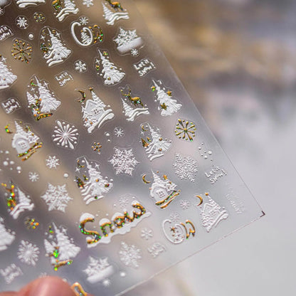Christmas Snow House Nail Art Stickers Snowflakes Snow Xmas Tree Adhesive Embossed Sticker Decals to4647 gold