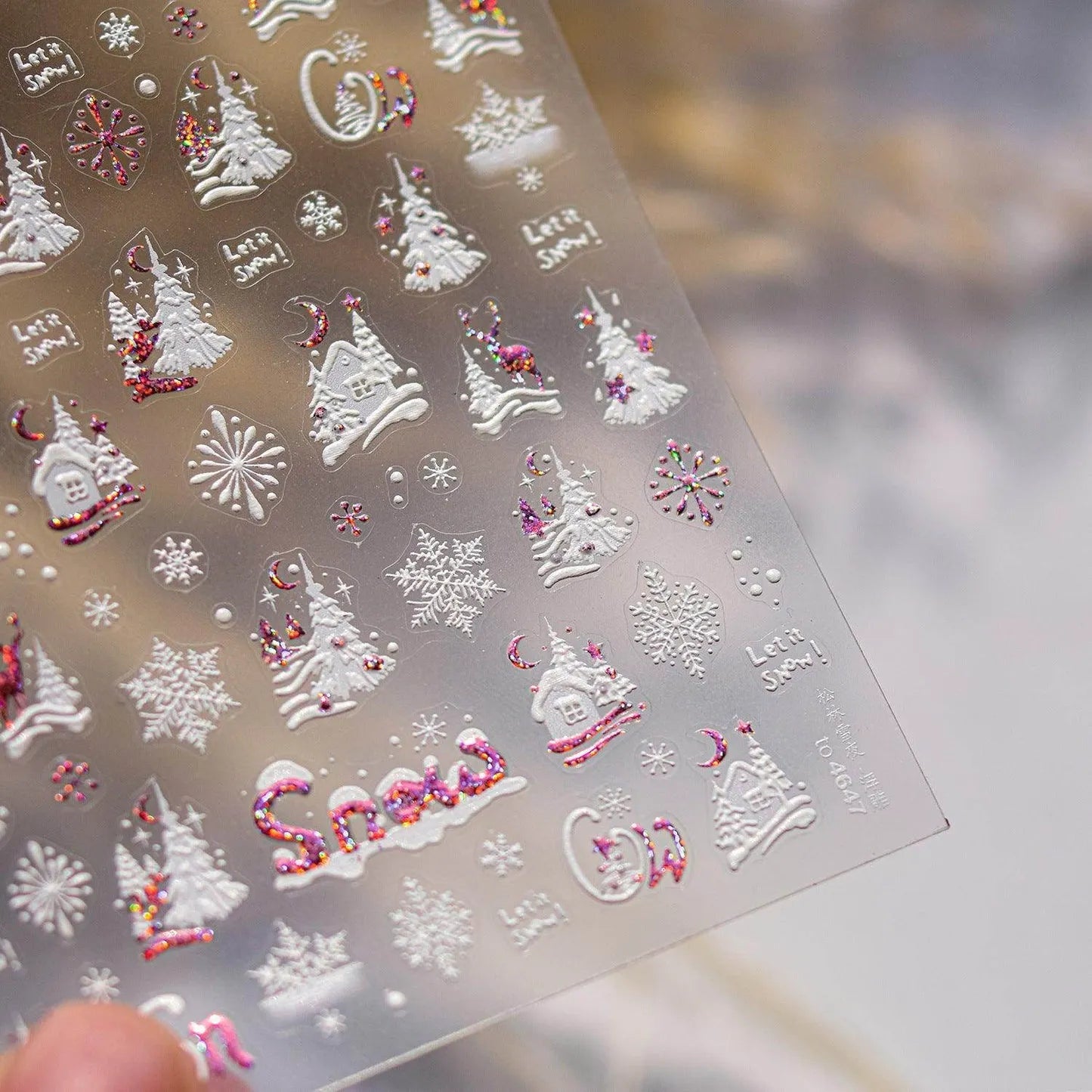 Christmas Snow House Nail Art Stickers Snowflakes Snow Xmas Tree Adhesive Embossed Sticker Decals to4647 pink