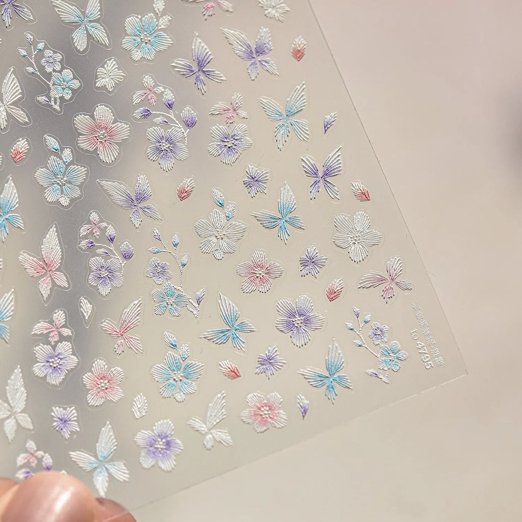 Embroidered Butterfly Flower Nail Art Stickers Adhesive Embossed Floral Sticker Decals to4795