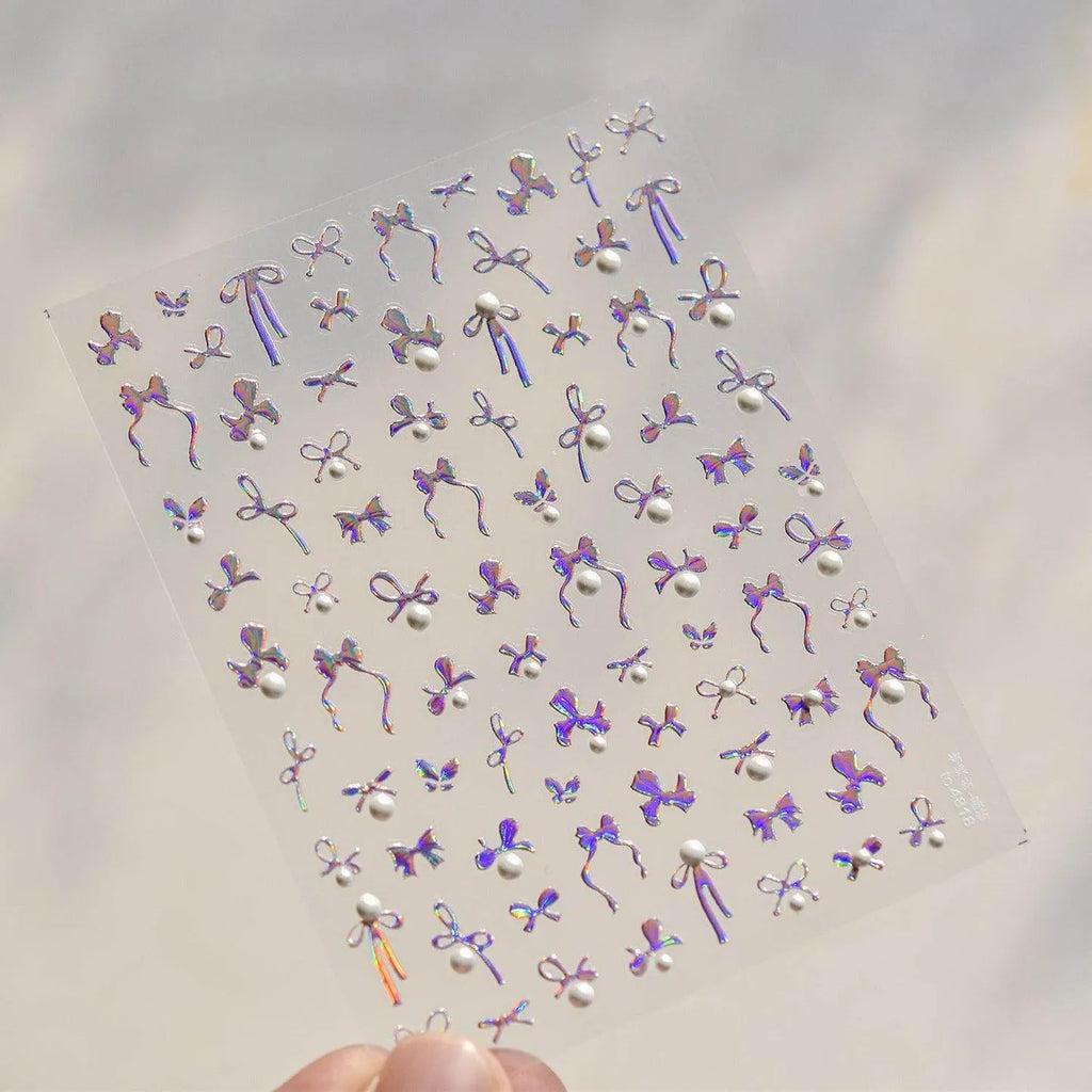 Bow With Pearl Nail Art Stickers Adhesive Embossed Red Bow-tie Sticker Decals to4818 Laser Pink