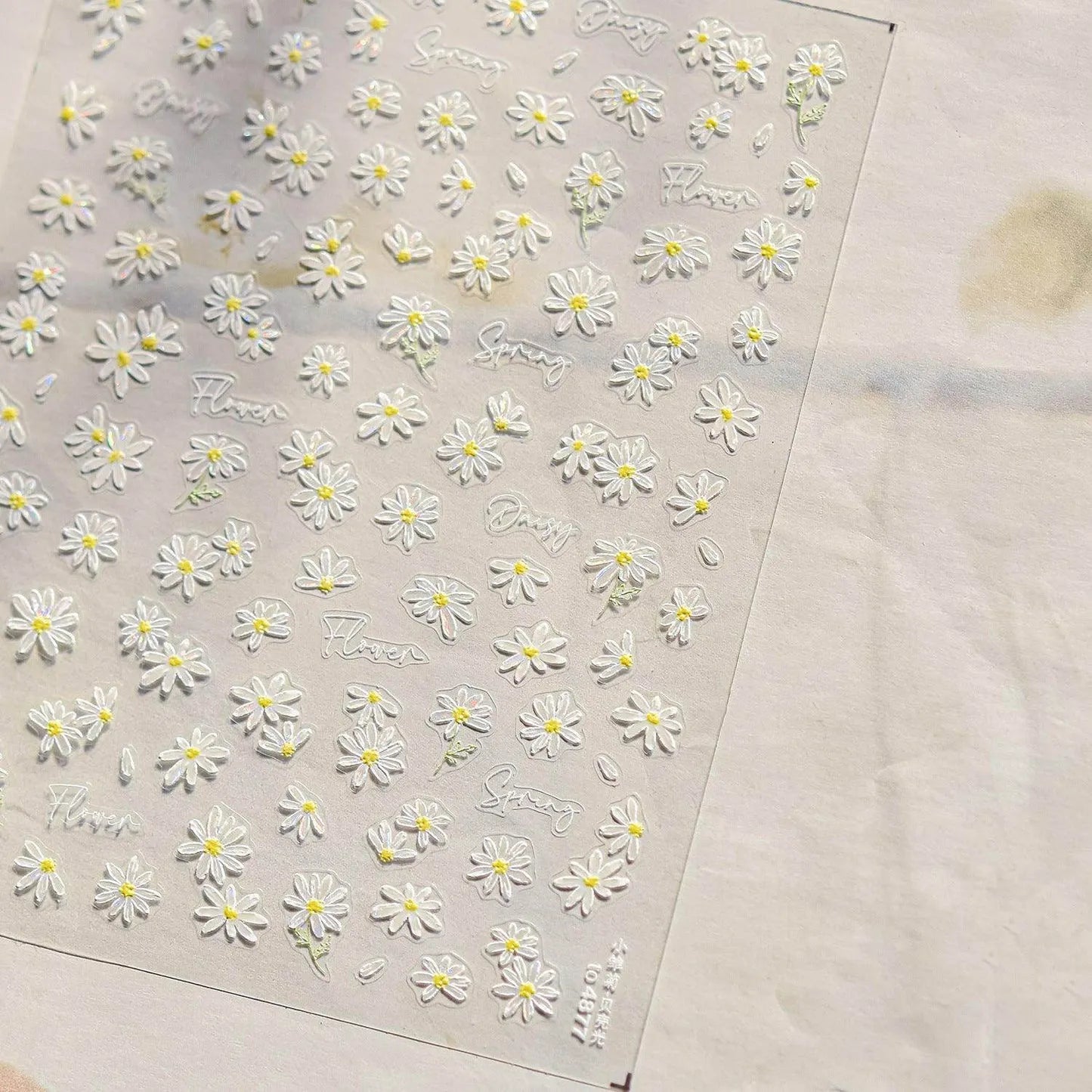 Daisy Flower Nail Art Stickers Adhesive Embossed Floral White Sticker Decals to4877 with shell light
