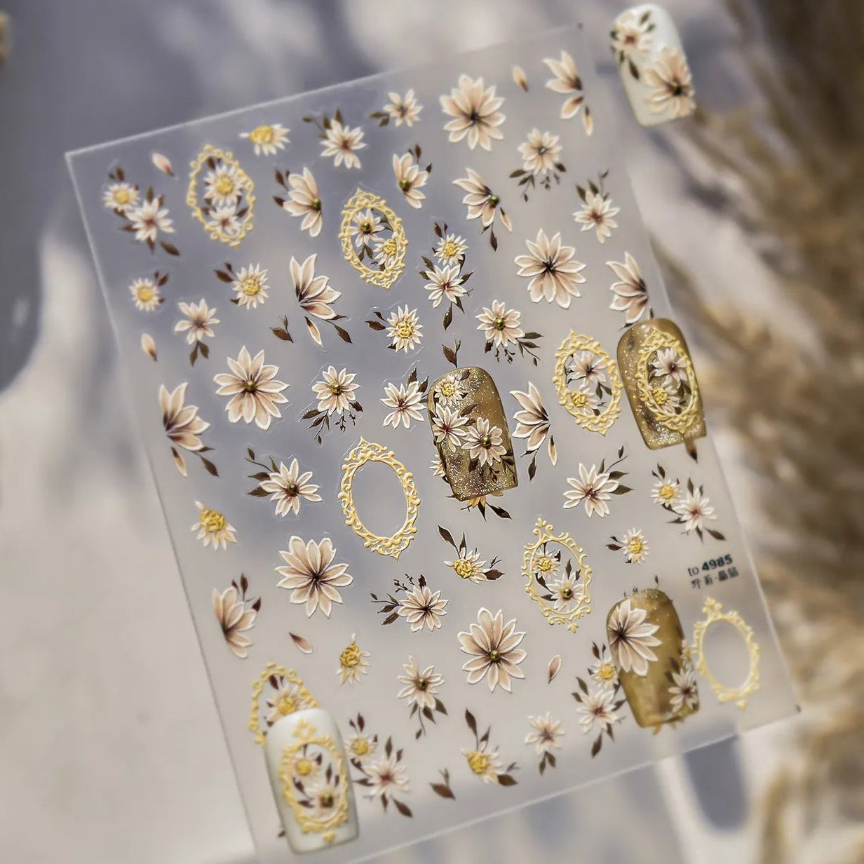Vintage Gold Frame & Floral Nail Stickers - Elegant 3D Decals for Manicure to4985