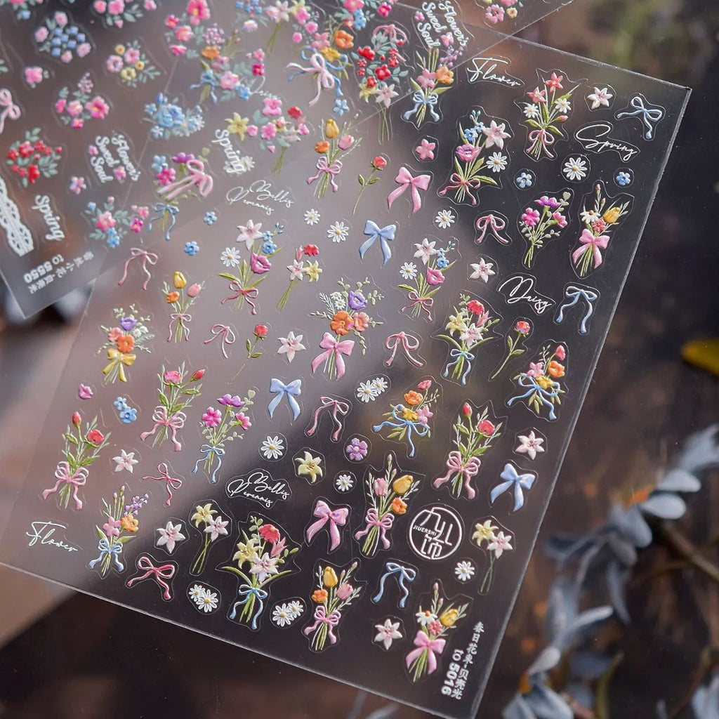 Coquette Bows & Floral Bouquet 3D Nail Art Stickers Decals