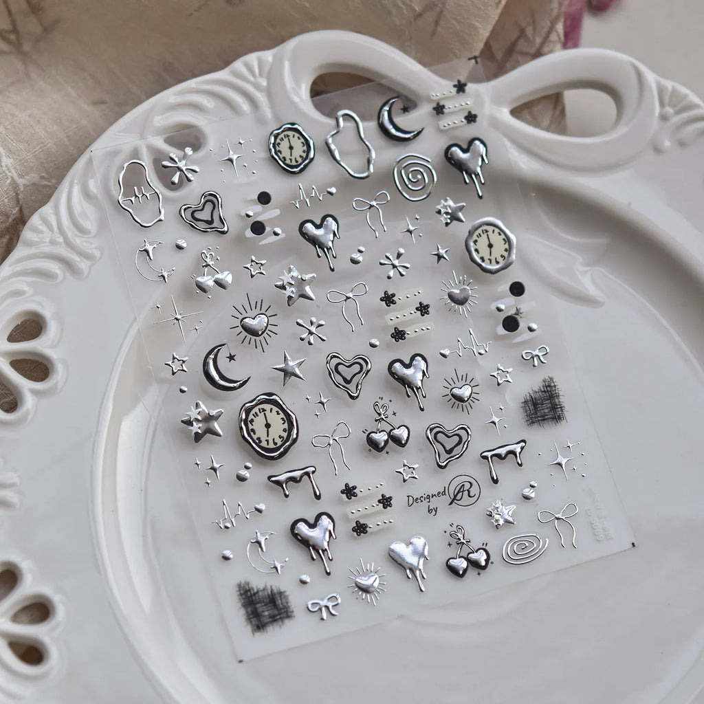 5D Chrome Gothic Heart Nail Stickers | Y2K Cyber Star & Bow Metal Nail Art Decals