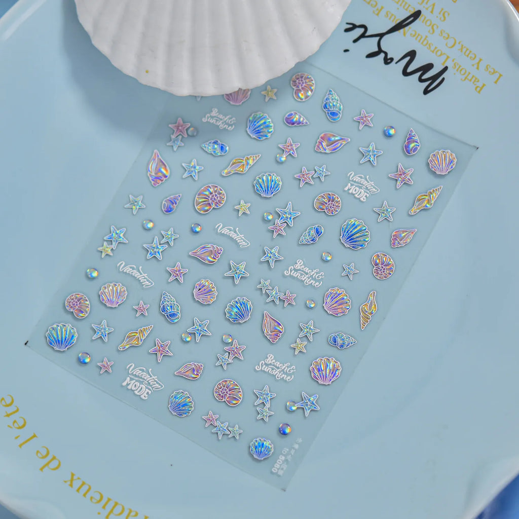 Holographic 5D Beach Nail Stickers – Embossed Seashell & Starfish Nail Art Decals