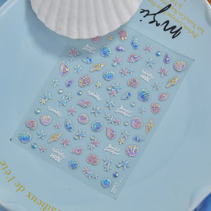 Holographic 5D Beach Nail Stickers – Embossed Seashell & Starfish Nail Art Decals to5080