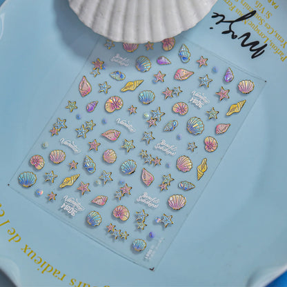 Holographic 5D Beach Nail Stickers – Embossed Seashell & Starfish Nail Art Decals to5080