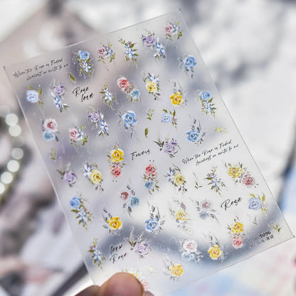 3D Watercolor Rose Nail Stickers | Elegant Floral Decals