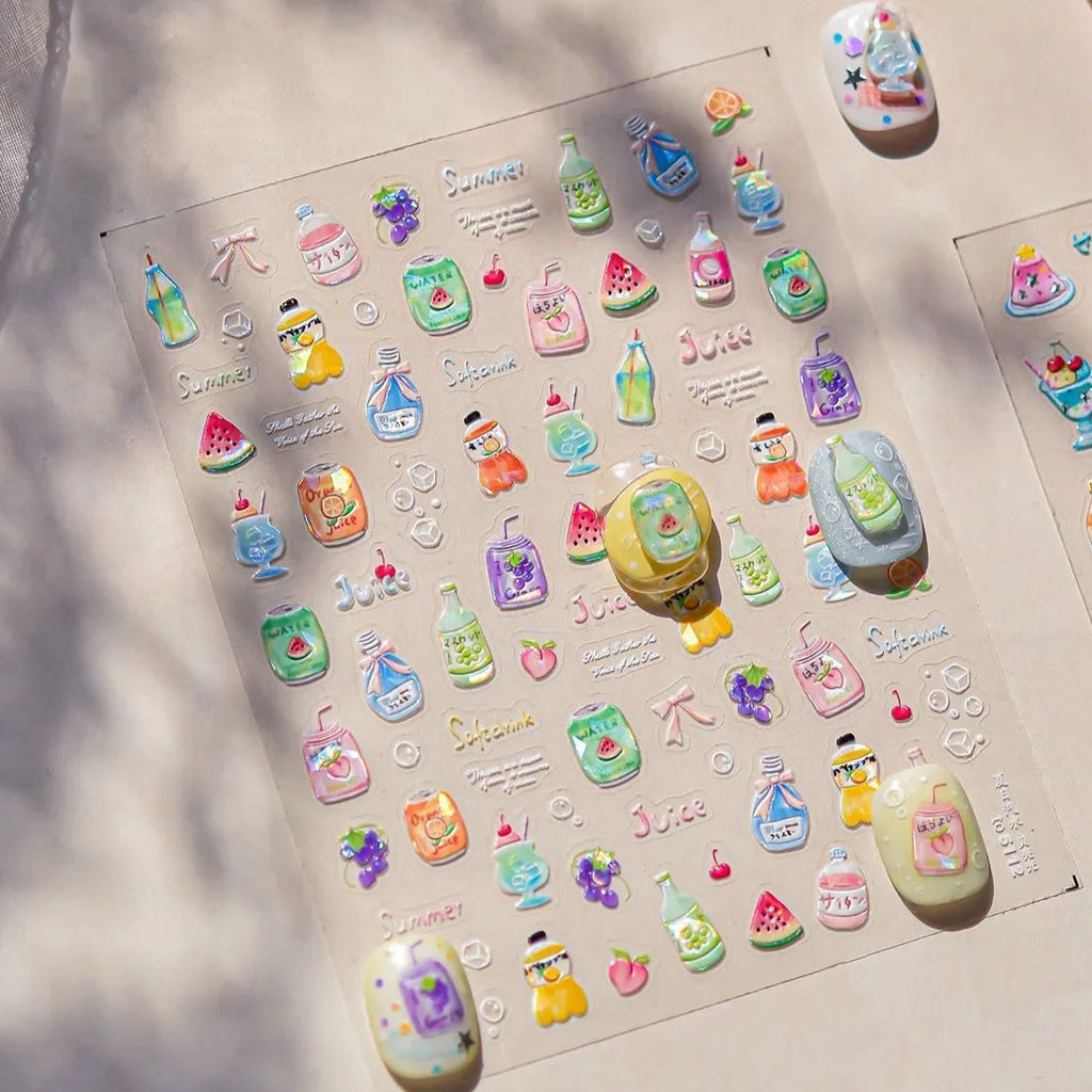 5D Kawaii Dessert Nail Stickers – Cute Drink & Pudding Nail Art Decals 