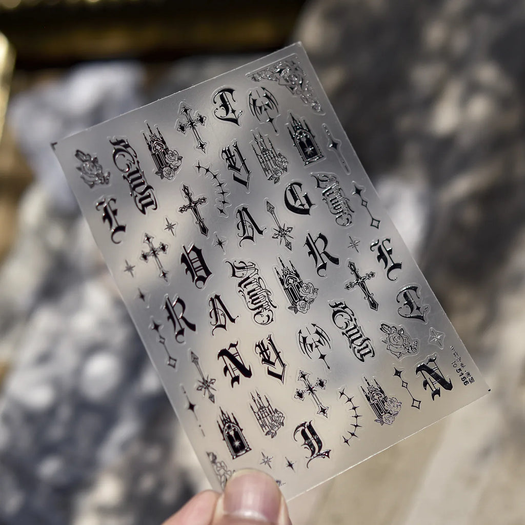 3D Gothic Letter & Cross Nail Stickers | Gold, Silver, Black & White Goth Nail Art Decals