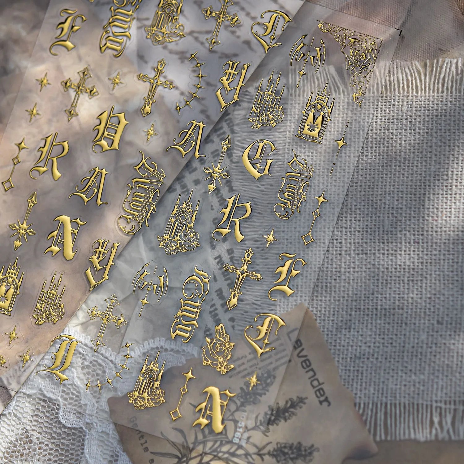 3D Gothic Letter & Cross Nail Stickers | Gold, Silver, Black & White Goth Nail Art Decals