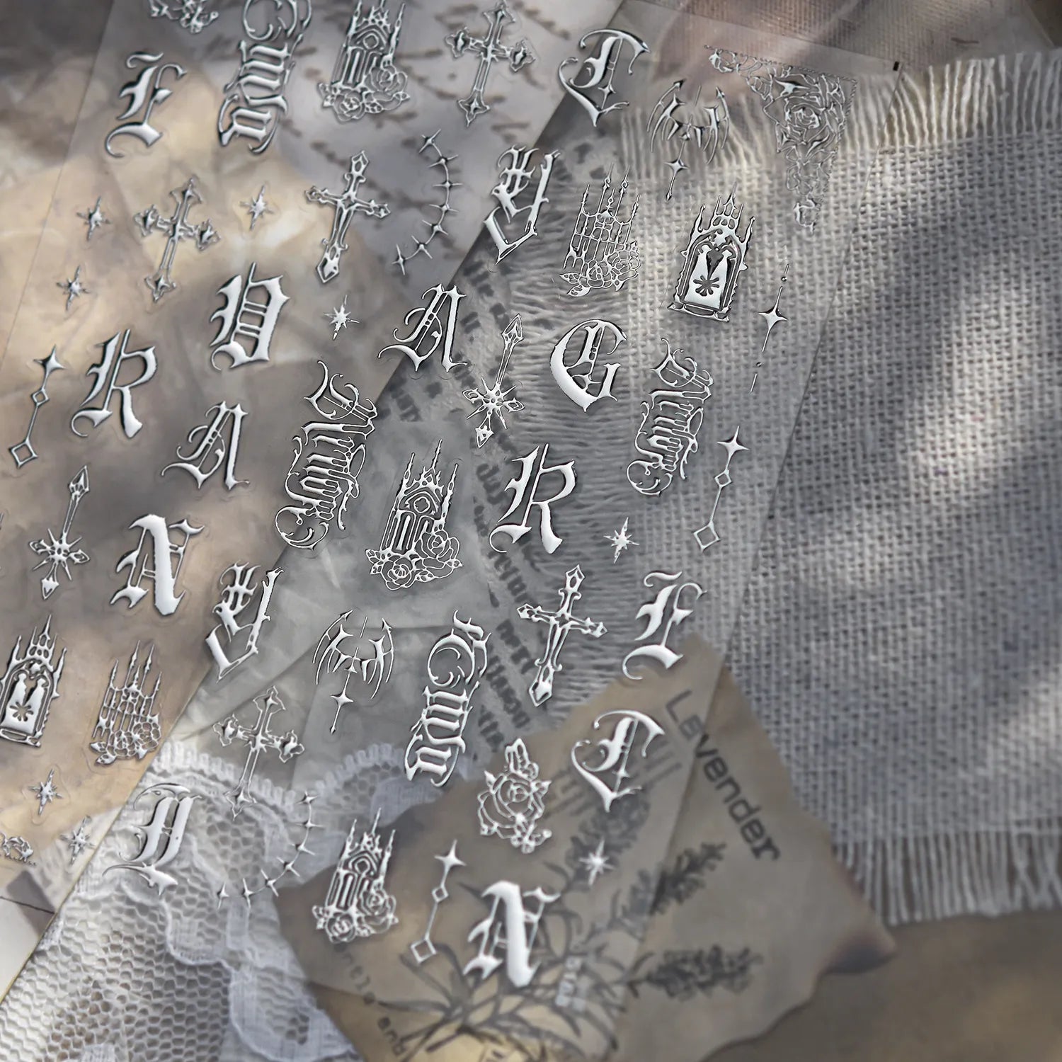 3D Gothic Letter & Cross Nail Stickers | Gold, Silver, Black & White Goth Nail Art Decals