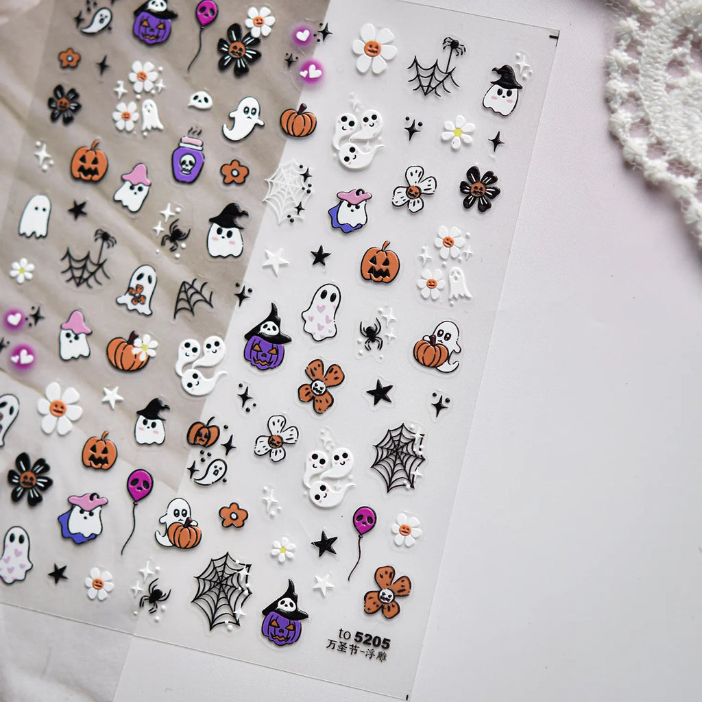 Cute Halloween 3D Nail Stickers - Spooky Cat, Ghost & Pumpkin Nail Art Decals