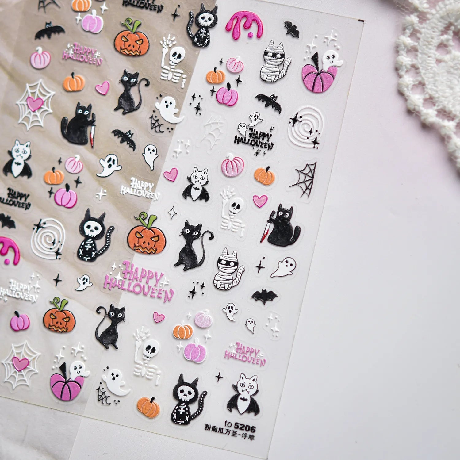 Cute Halloween 3D Nail Stickers - Spooky Cat, Ghost & Pumpkin Nail Art Decals