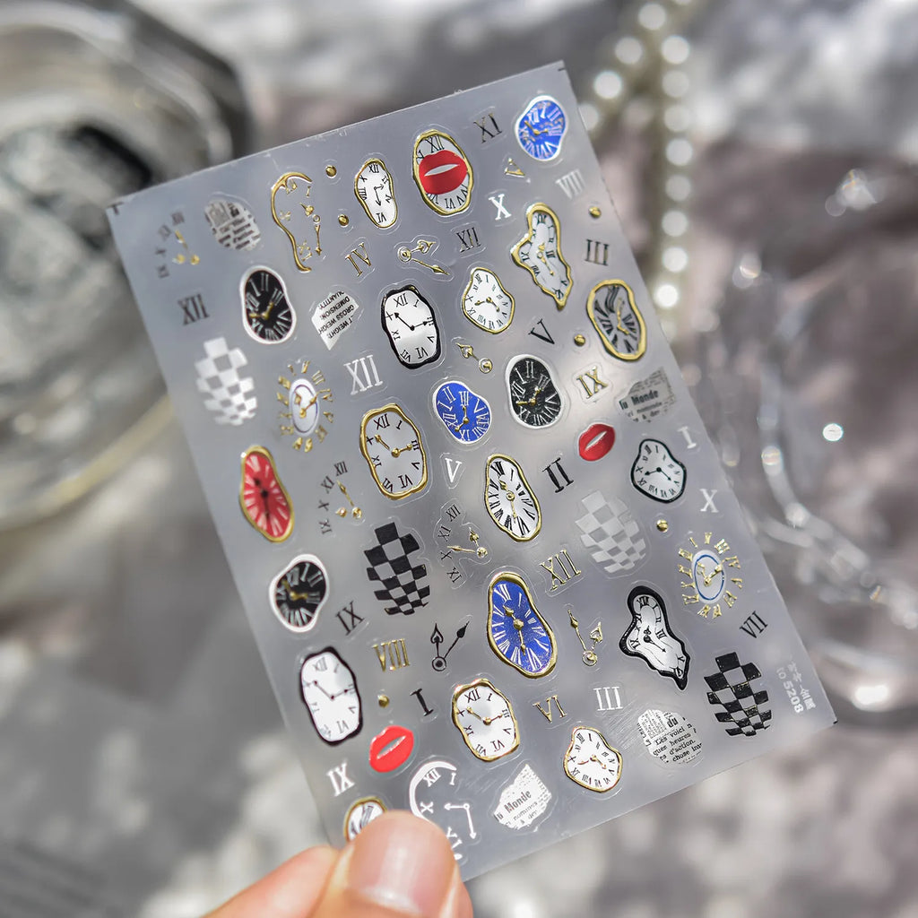 Surrealist Dream 5D Nail Stickers | Abstract Clock & Checkerboard Art 