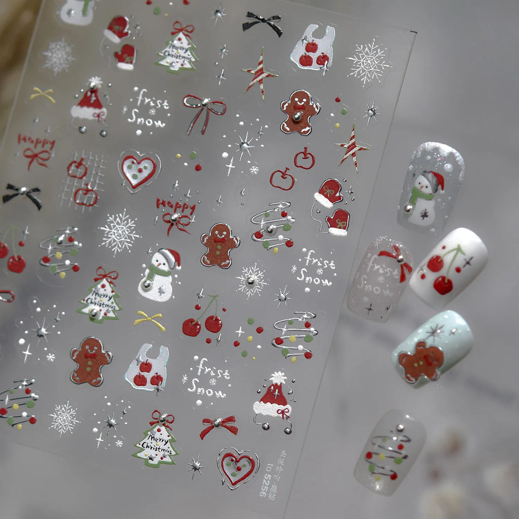 Cute Christmas Nail Stickers | Silver Chrome Gingerbread & Snowman Decals 5256