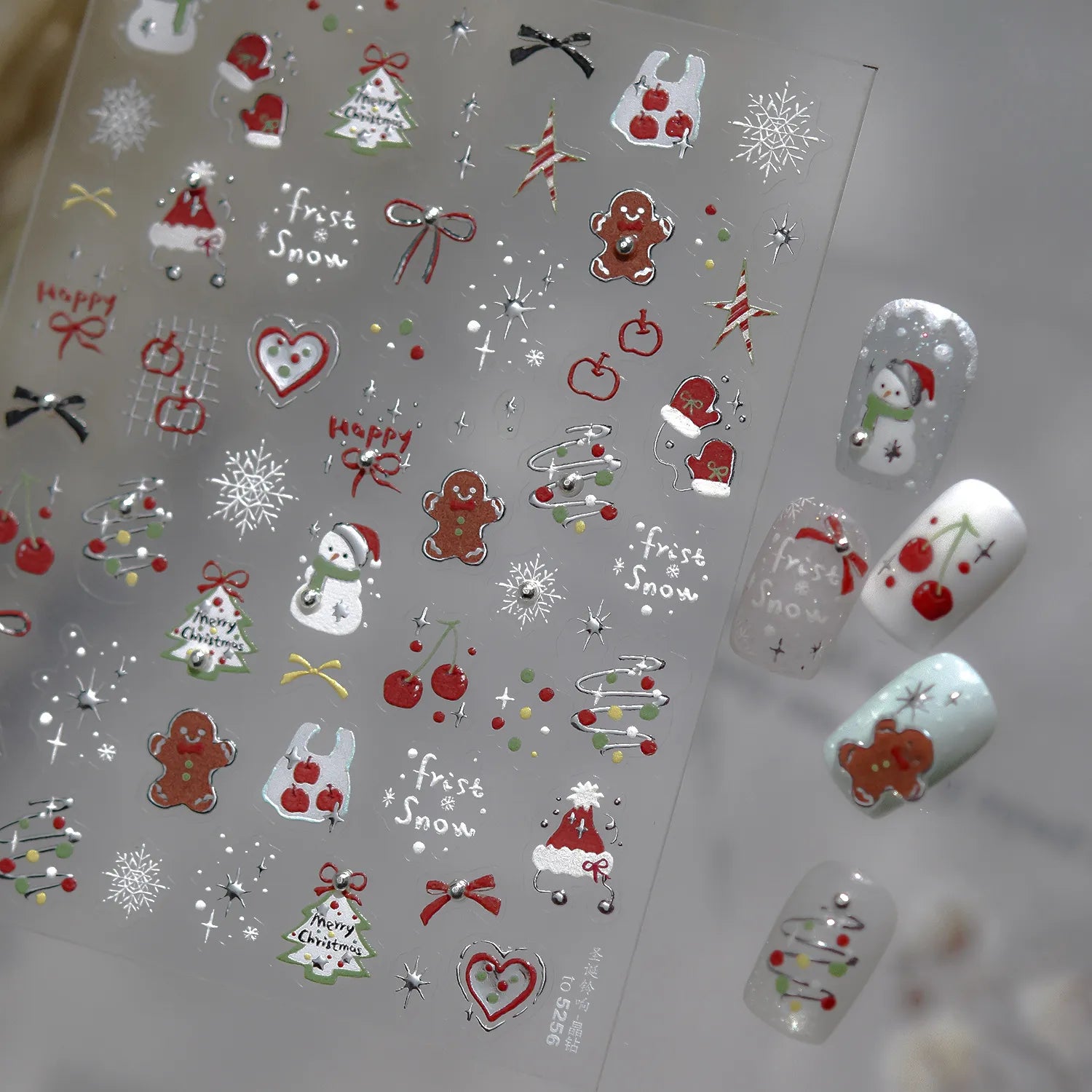 Cute Christmas Nail Stickers | Silver Chrome Gingerbread & Snowman Decals 5256