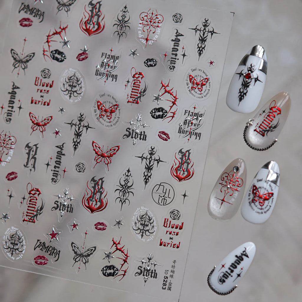 Gothic Y2K Nail Stickers - 3D Chrome Cross, Flame & Butterfly Decals