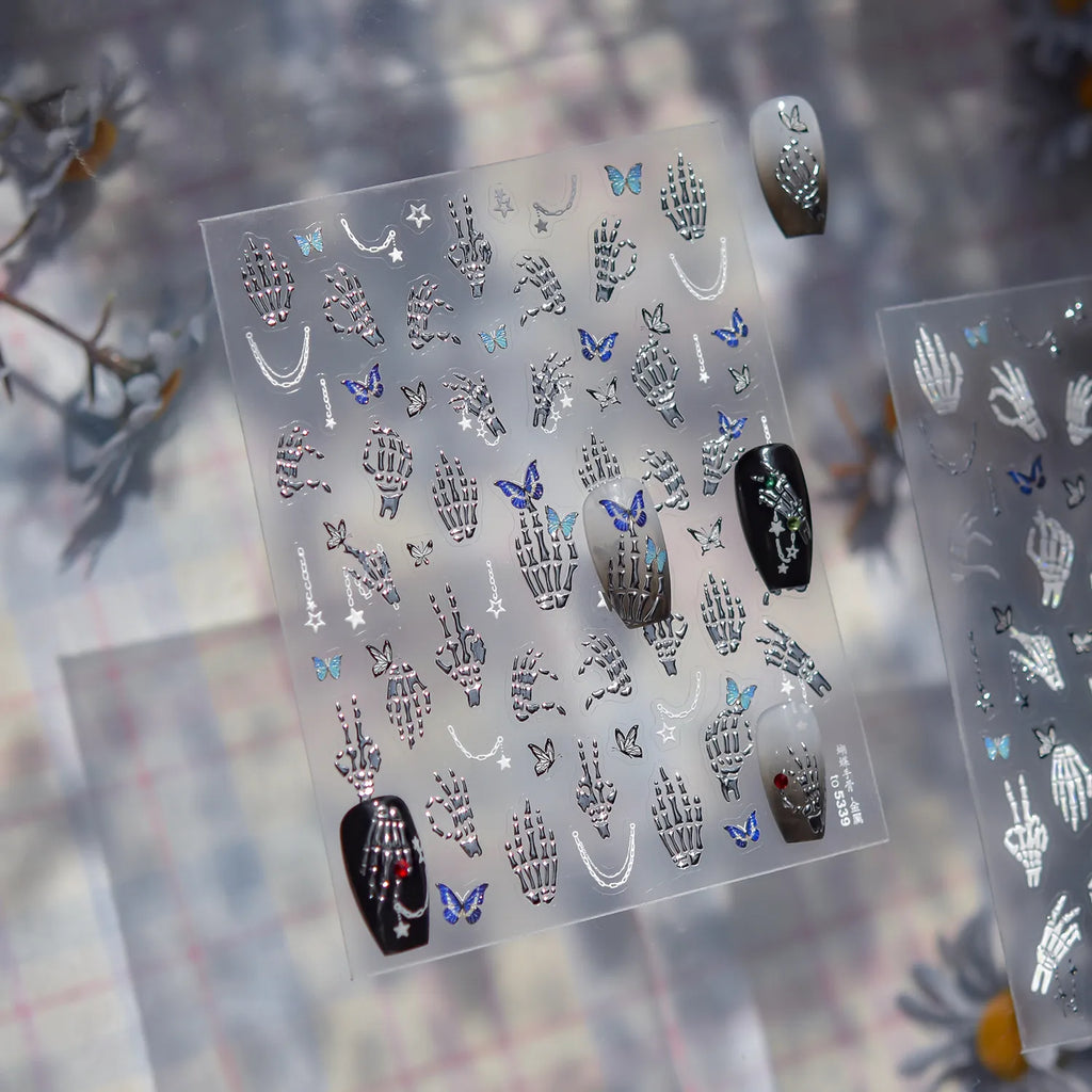 Halloween Skeleton Hand & Butterfly Nail Stickers - Spooky 3D DIY Manicure Decals to5339