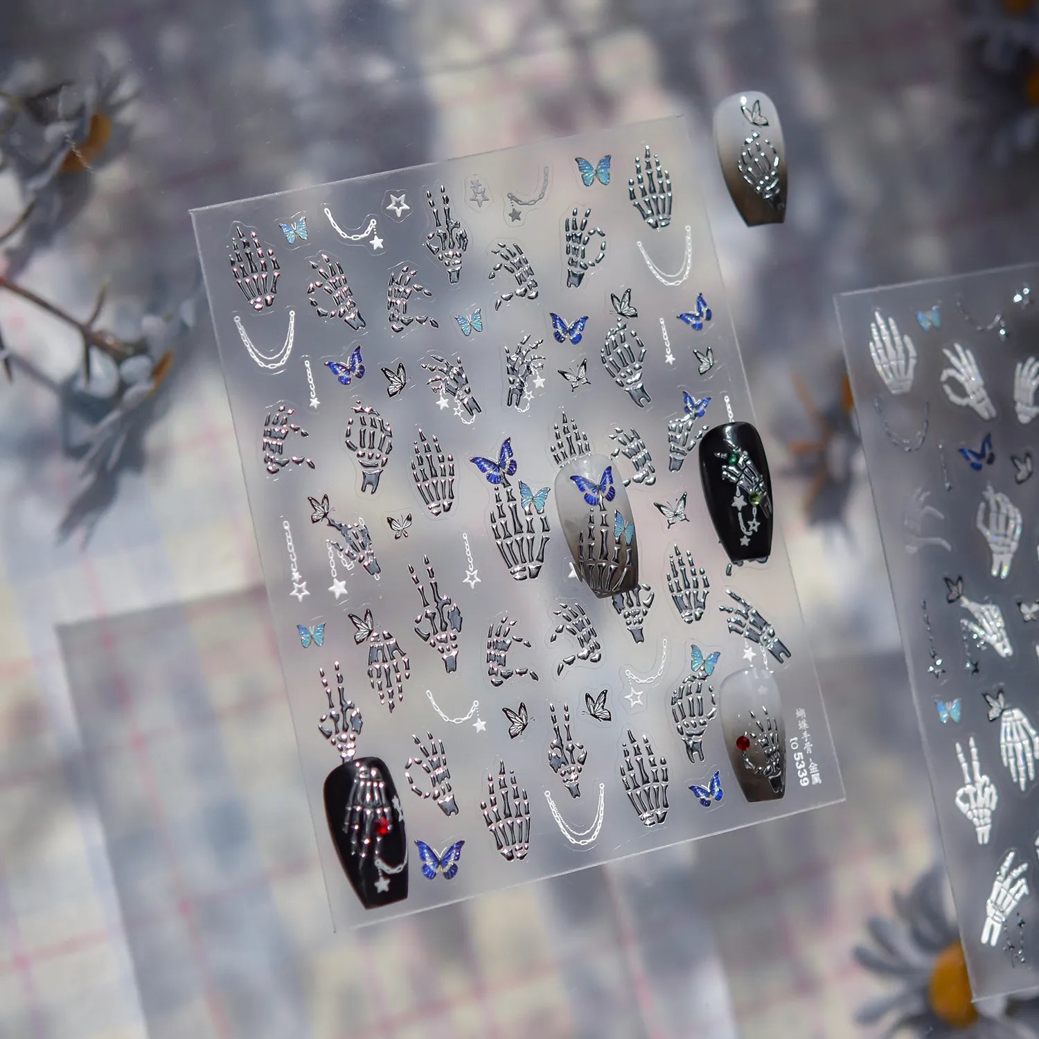 Halloween Skeleton Hand & Butterfly Nail Stickers - Spooky 3D DIY Manicure Decals to5339