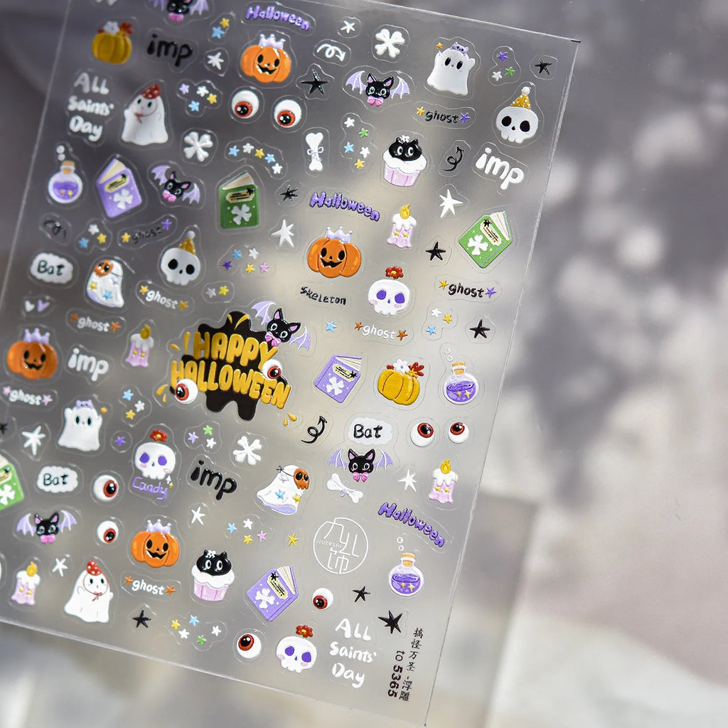 Cute Halloween Nail Stickers - Pumpkin Ghost Bat Skull Decals for Spooky Fun 5365