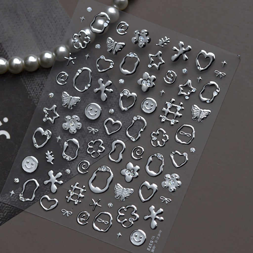 3D Metallic Silver Nail Stickers - Chrome Y2K Butterfly & Heart Decals