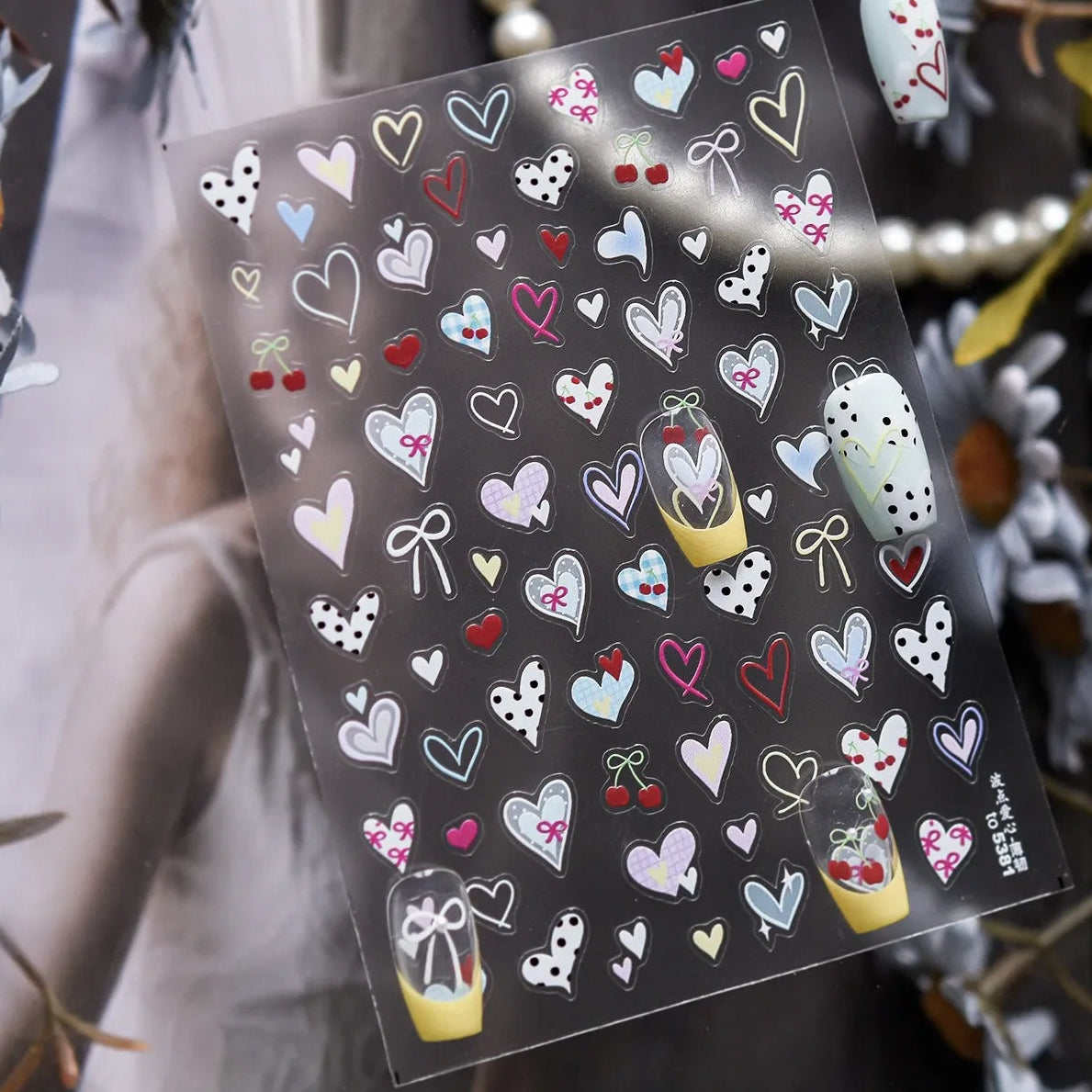 Polka Dot Heart & Bow Nail Stickers - Kawaii Cherry Decals