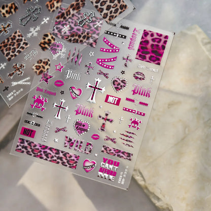 Leopard Print Nail Stickers - Y2K Punk Cross Skull DIY Decals 