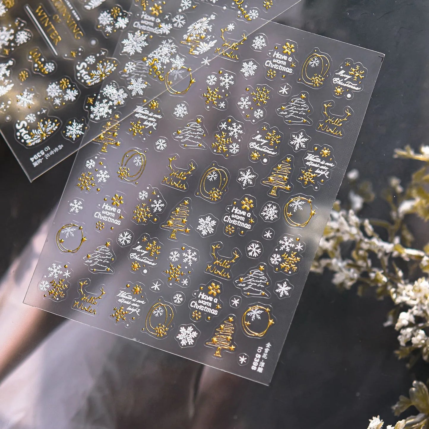 Winter Snowflake & Gold Christmas Tree Nail Art Stickers Decals