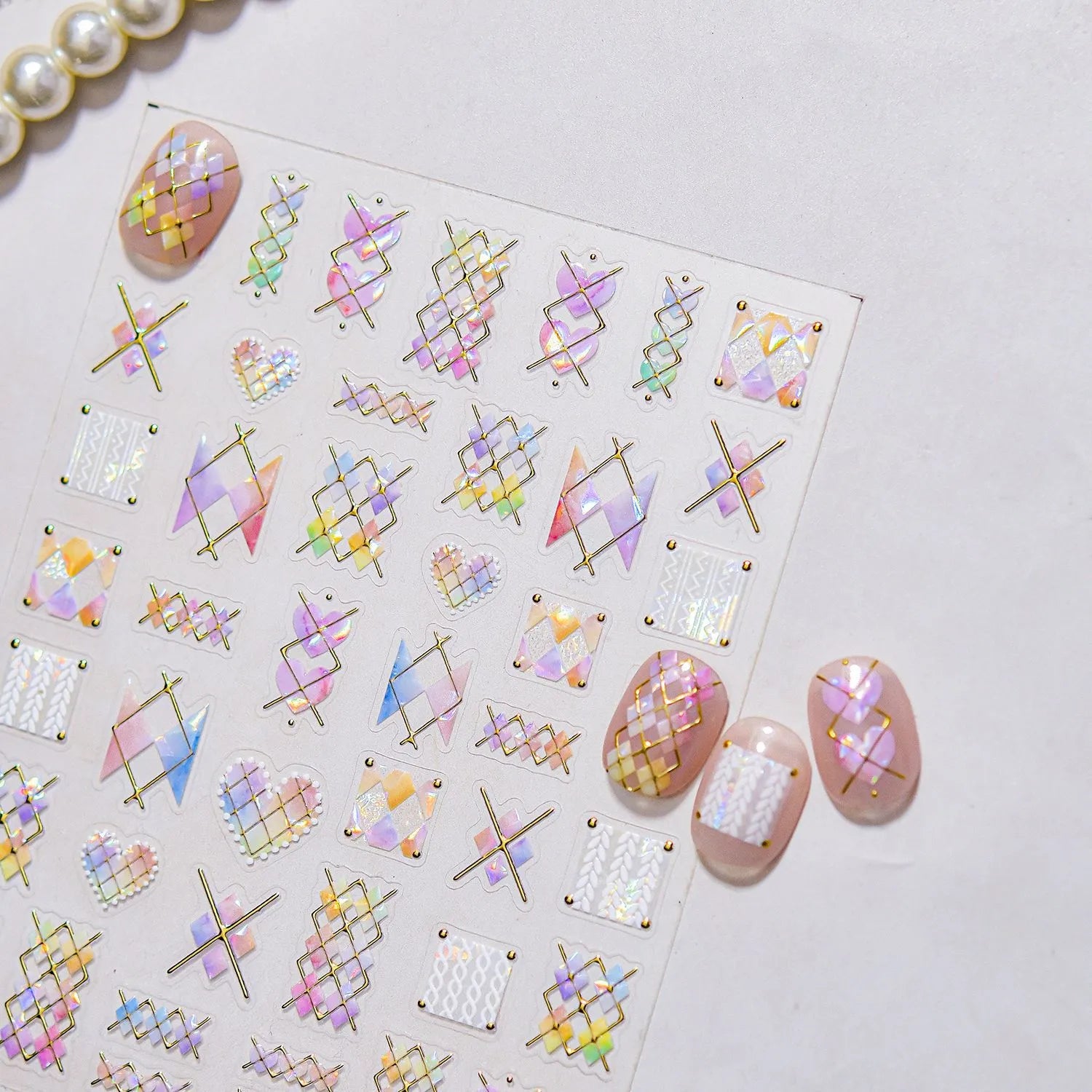 Holographic Geometric Nail Stickers | Gold Line & Knit Heart DIY Decals to5403