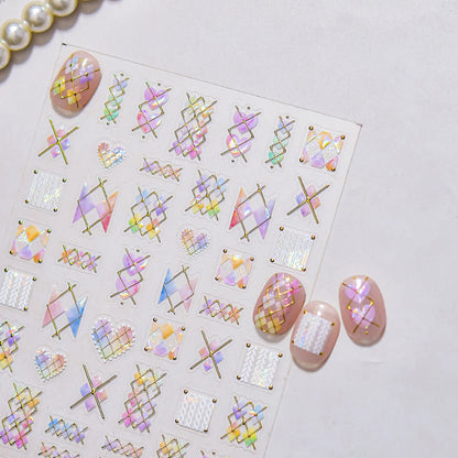Holographic Geometric Nail Stickers | Gold Line & Knit Heart DIY Decals to5403