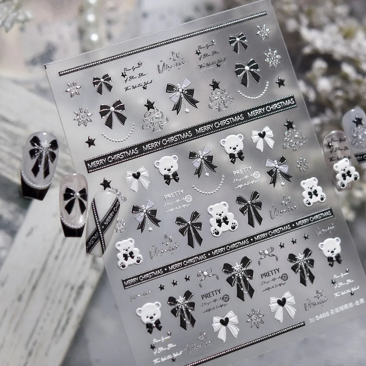 5D Black Bow & Bear Christmas Nail Stickers 5466