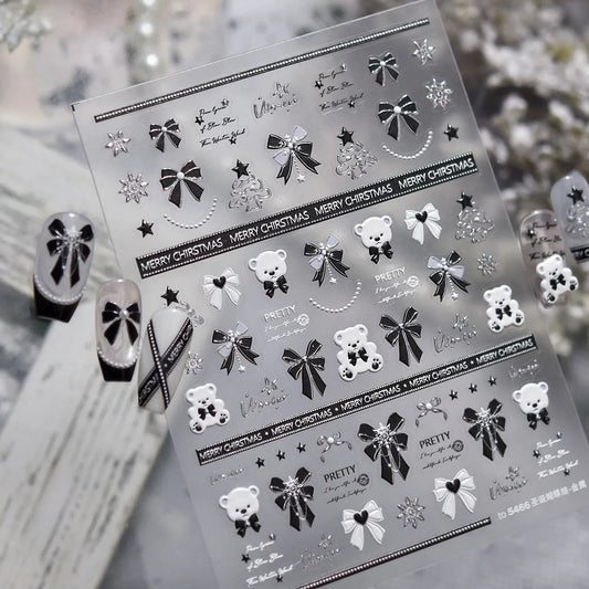 5D Black Bow & Bear Christmas Nail Stickers 5466