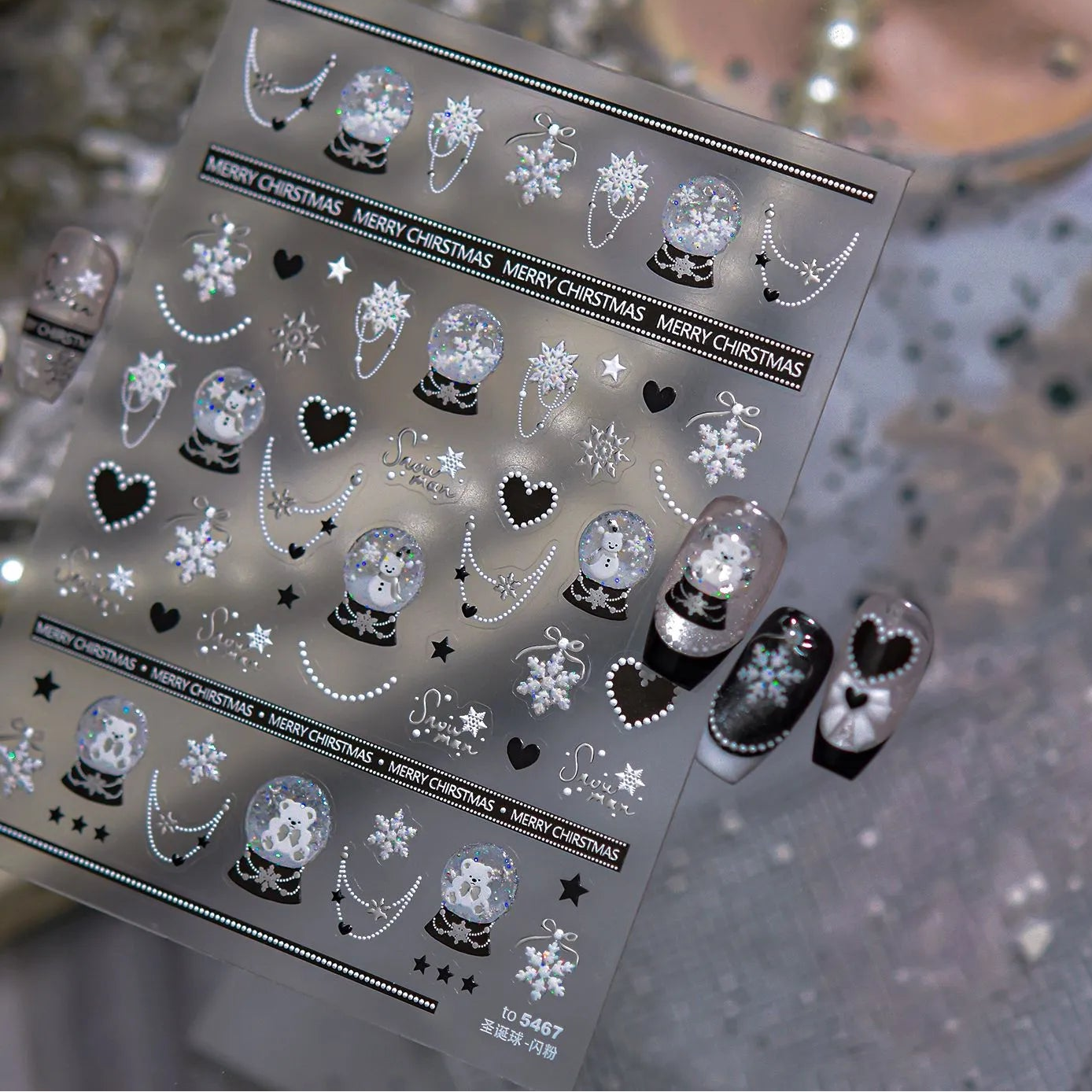 5D Black Bow & Bear Christmas Nail Stickers 5466