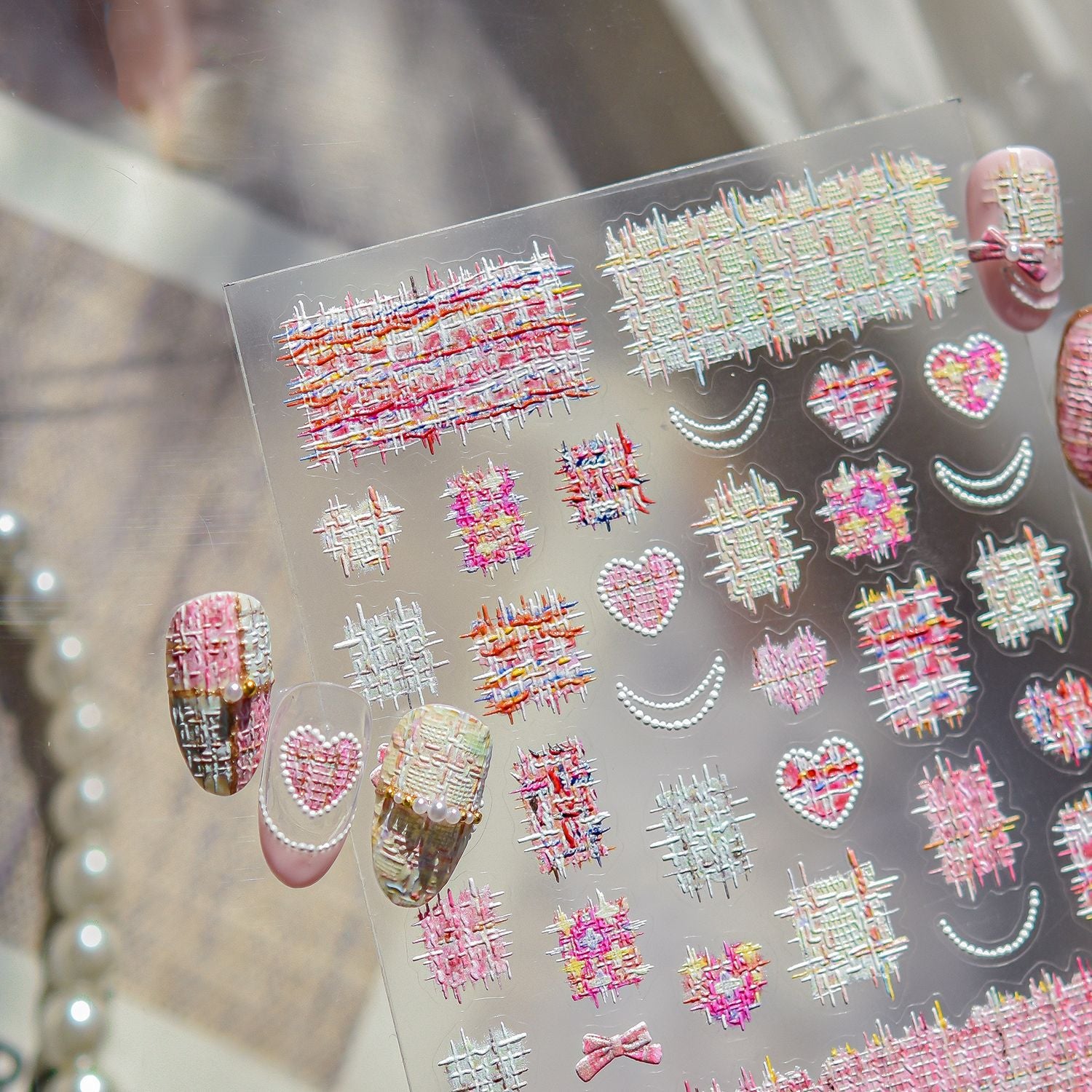 5D Tweed & Pearl Heart Nail Stickers - Pink Red French Tip Decals MS906